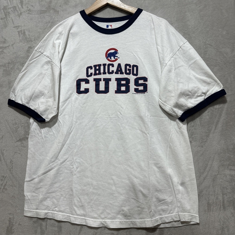 VTG Y2K 2008 Chicago Cubs MLB Baseball Center Logo Navy Blue Ringer Trim T-Shirt